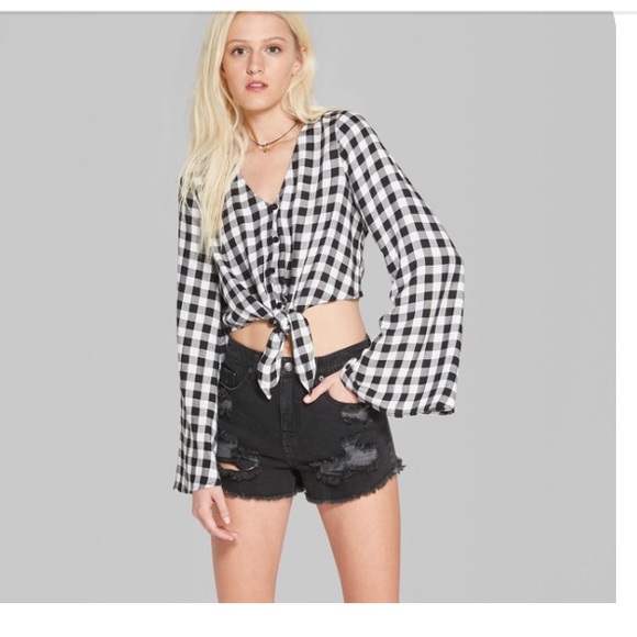 wild fable Tops - Wild Fable Gingham Check Bell Sleeve Crop Top XXL